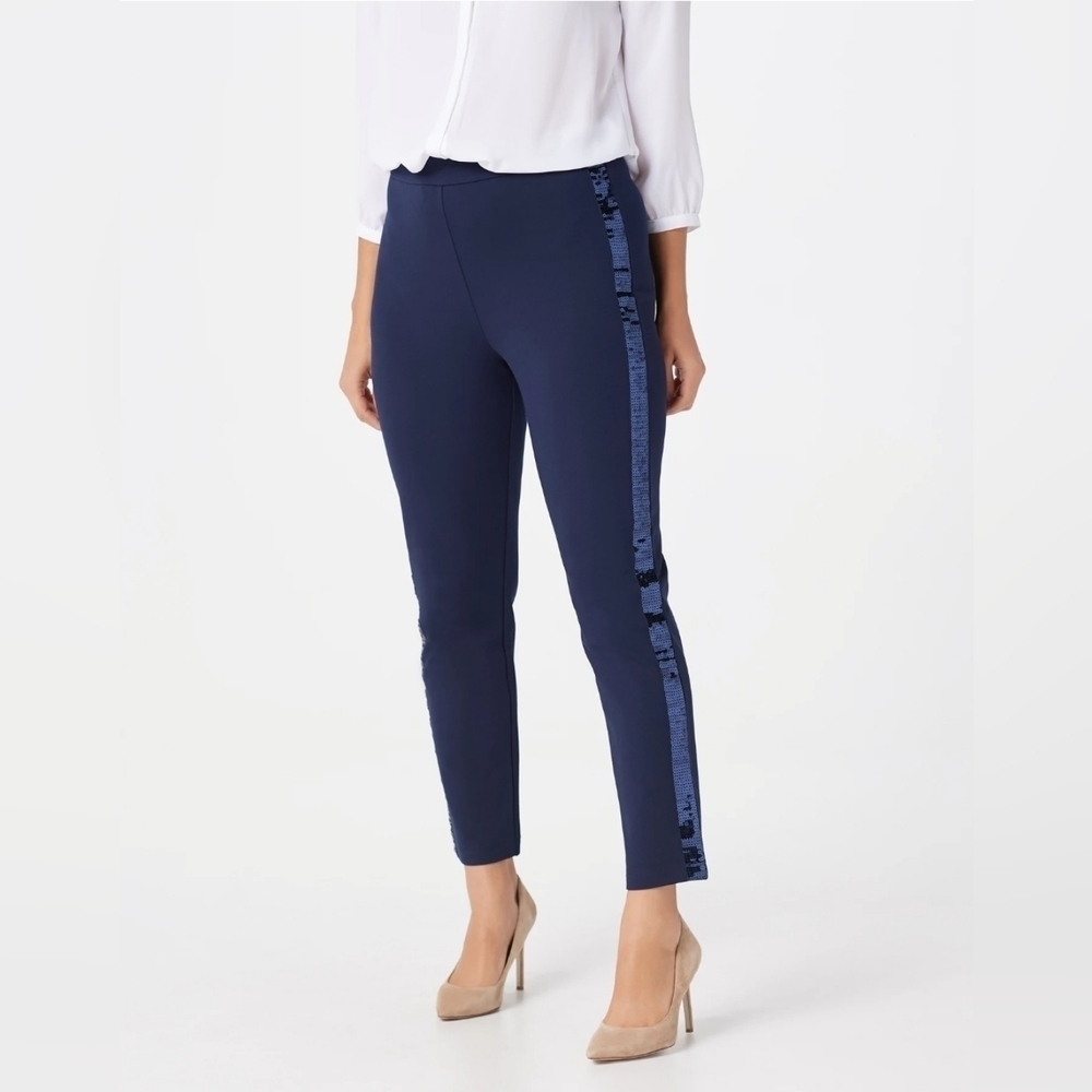 Joan Rivers Signature Knit Ankle Pants w Sequin Strip, Navy Blue, Size XL